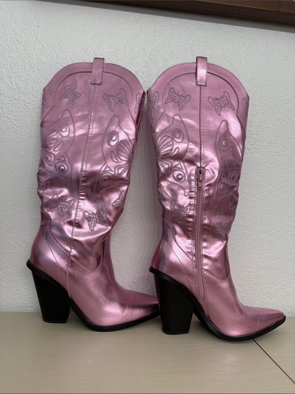 Metallic Pink Western Knee-High Heeled Boots